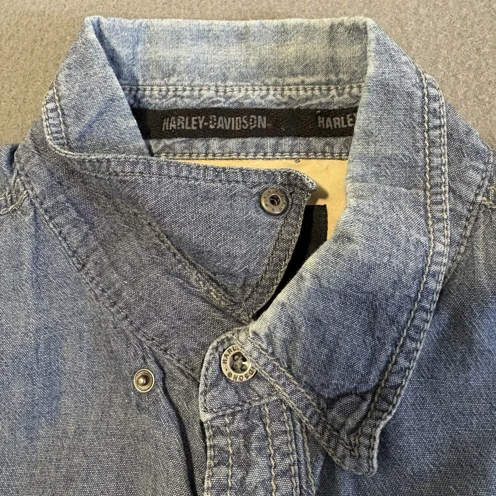 Harley Davidson Denim Shirt Men M Blue Biker Graphic Print Skull Logo‎ Y2K